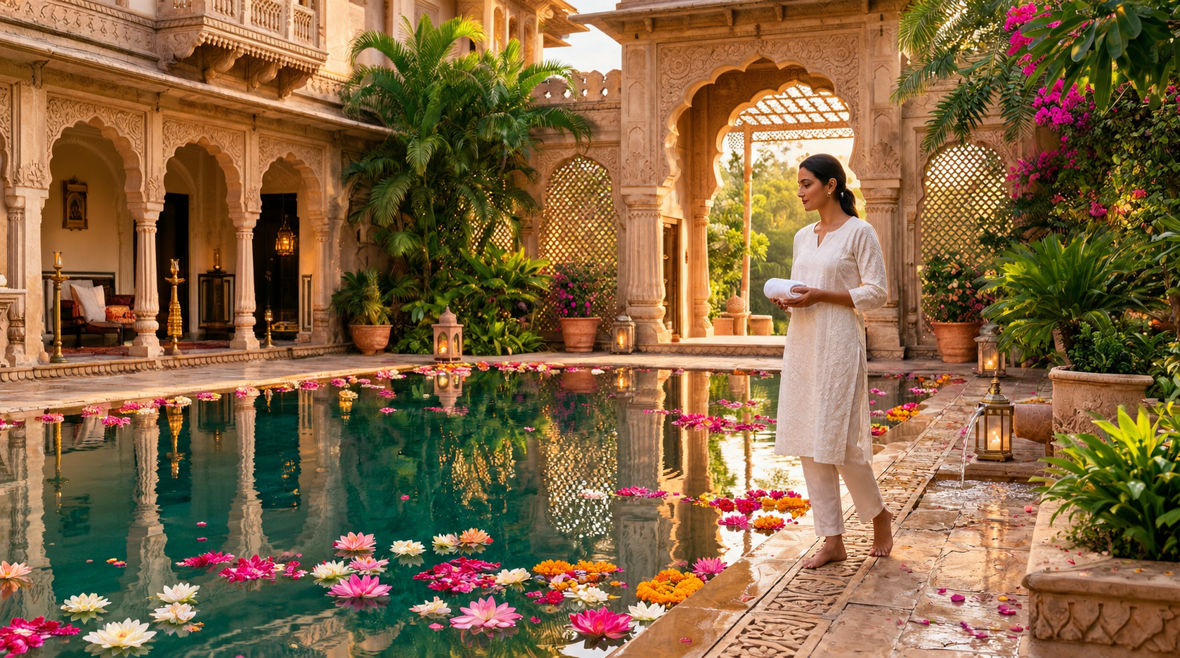 Luxurious Indian heritage spa courtyard with lotus pool