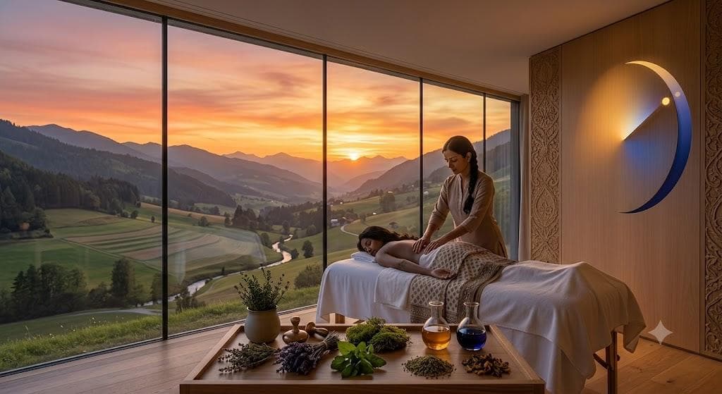Therapist giving a back massage at sunset in a spa room with floor-to-ceiling windows over a green mountain valley, with herbs and oils on a wooden tray