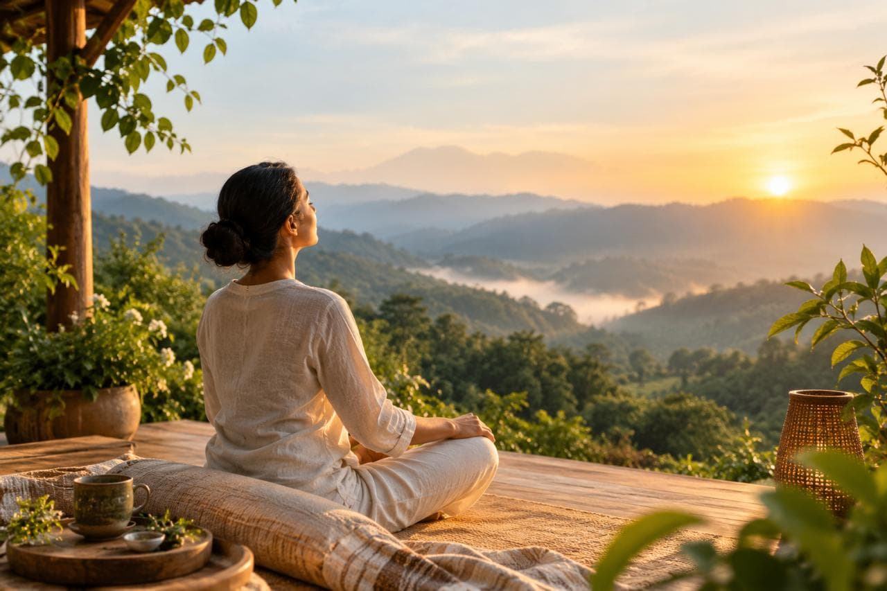Woman in off-white linen meditating on a wooden deck at sunrise, facing misty mountain ridges, with a teacup and herbs on a tray beside her