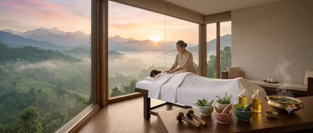 Therapist giving a massage in a spa room with large windows over misty Himalayan hills at sunrise, with herbal oils, mortars and a brass bowl