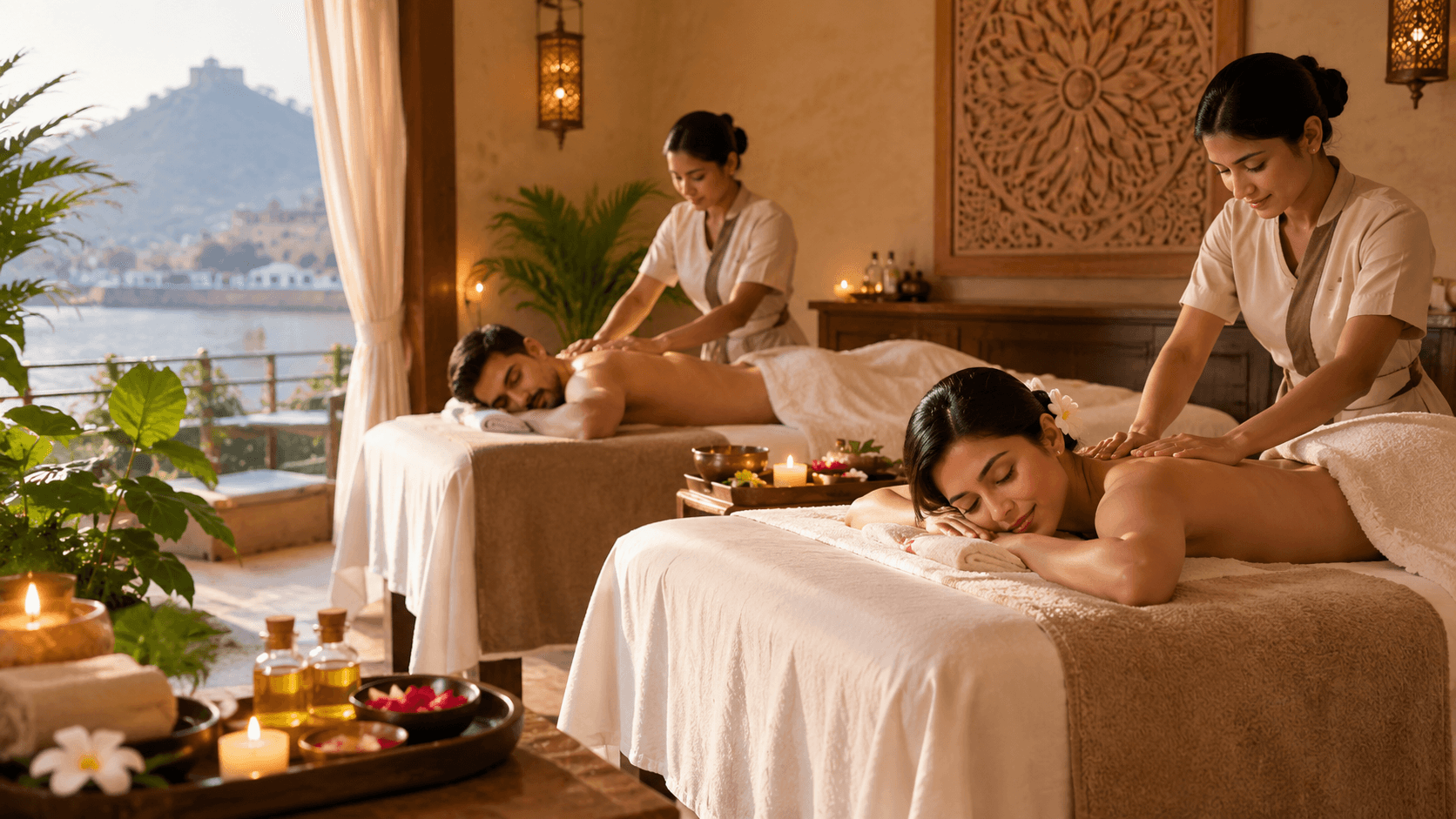 Couple spa in Pushkar with two therapists providing relaxing massages in a luxury spa setting.