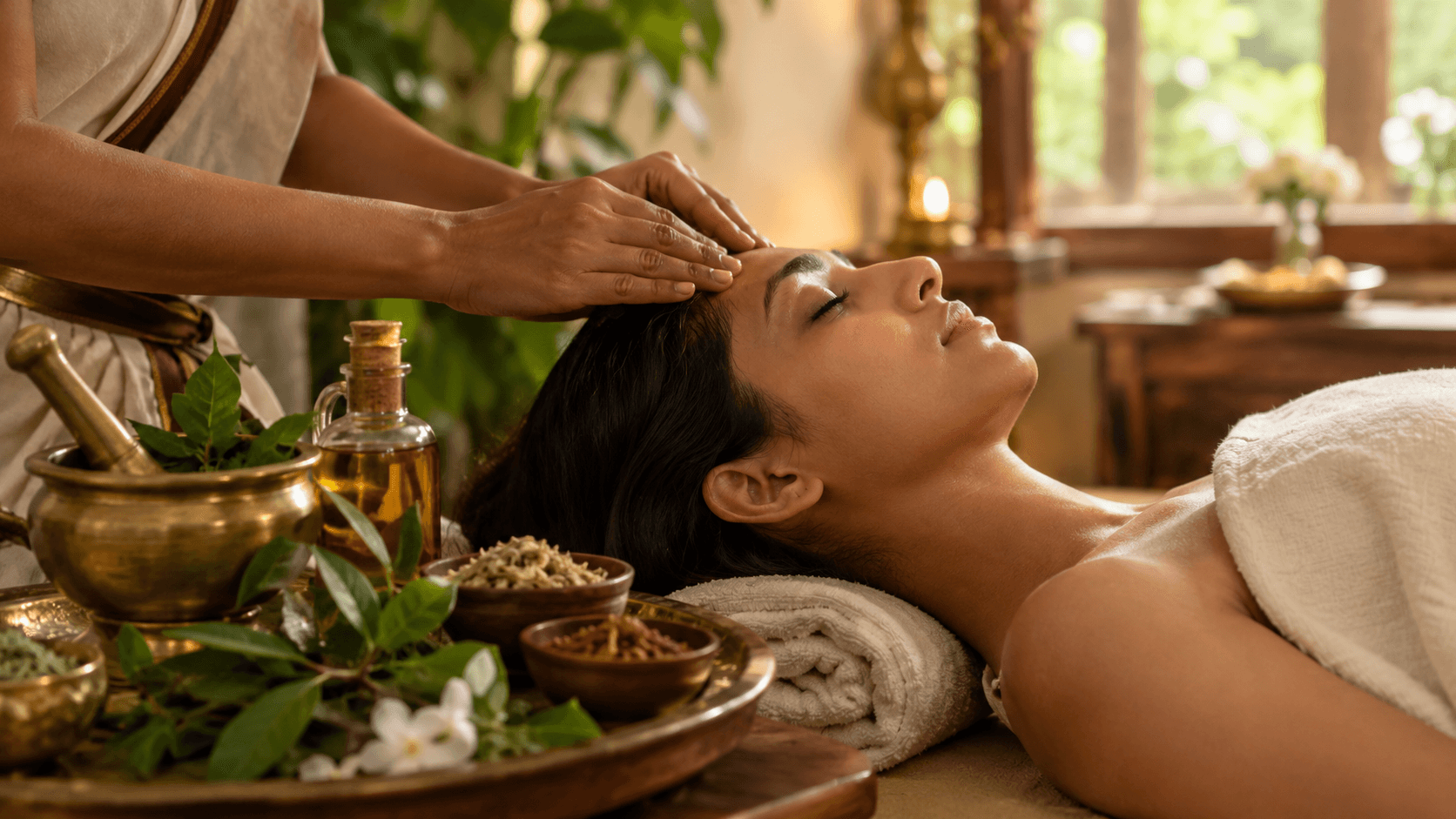 Marma head massage in a traditional Ayurvedic spa setting.