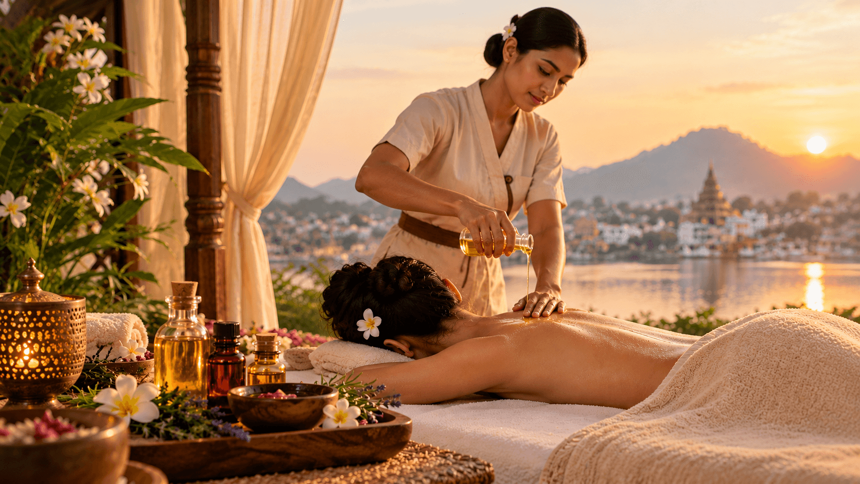 Aromatherapy massage in Pushkar with a therapist applying aromatic oils.