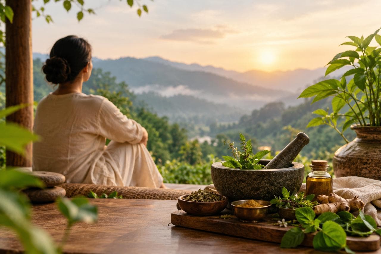 Woman sitting on a terrace above misty green hills at sunrise, beside a stone mortar and pestle with tulsi, turmeric, ginger and golden herbal oil