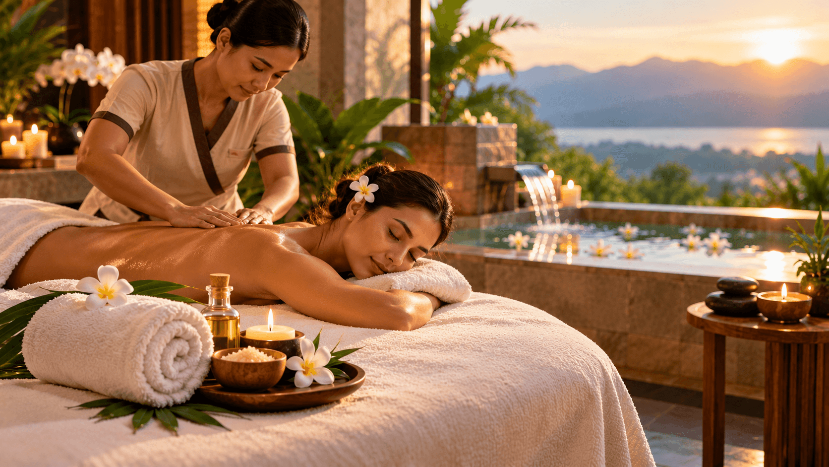 Luxury spa massage in a serene resort setting at sunset.